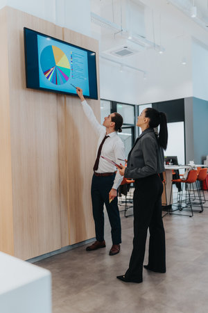 Business professionals present a chart on screen during a modern office briefingの写真素材