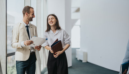 Business colleagues chat and laugh in bright office hallway while reviewing documents together