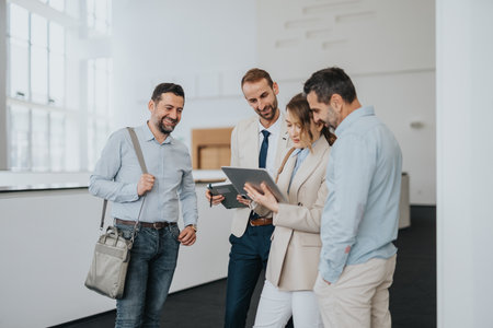 Colleagues collaborate in a modern office, reviewing a tablet and documents during a friendly group discussion todayの写真素材