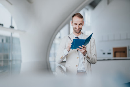 Smiling executive writes in a bright modern office, planning and taking notes in a blue notebookの写真素材