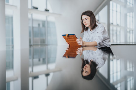 Businesswoman using a tablet in a bright modern office, reflected on a glossy tabletop today.