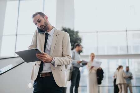 Business professional on phone and tablet in a modern office with colleagues in the background.の写真素材
