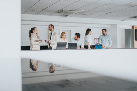 Group of colleagues on a modern office balcony discussing plans with laptops and teamwork in a bright, open spaceの写真素材