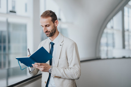Executive in a light suit reads a blue notebook in a modern office corridorの写真素材