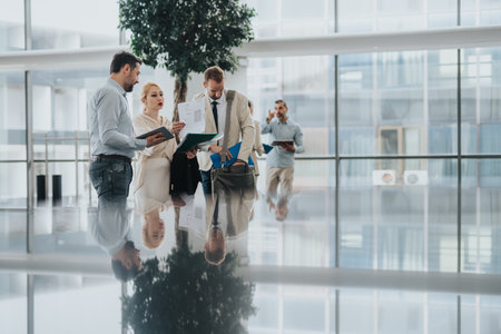 Group of colleagues in a modern office lobby reviewing documents and discussing a project