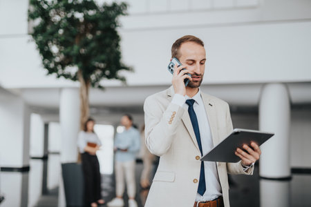 Business professional on the phone while reviewing a tablet in a modern office lobbyの写真素材
