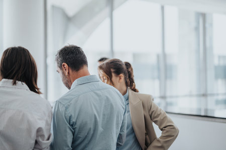 Colleagues and executives gather in a modern office, discussing a project togetherの写真素材