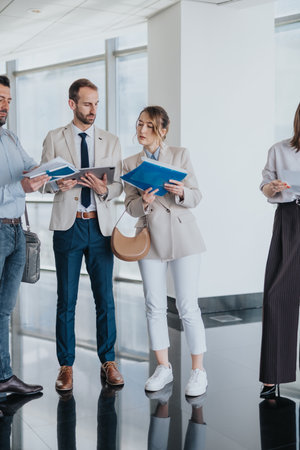 Group of professionals reviews documents in a modern office, collaborating on a briefの写真素材