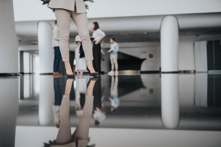 Professional colleagues walk through a modern office lobby with a reflective floor and sleek architectureの写真素材