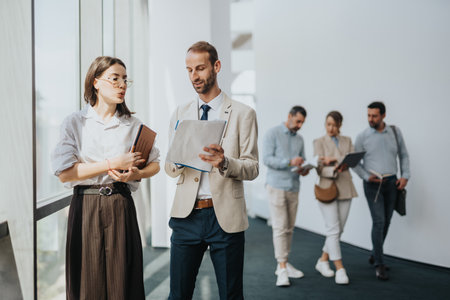 Business professionals discuss documents in a modern office corridor during a collaborative meetingの写真素材