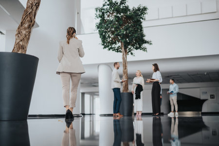 Group of professionals in a modern office lobby having a discussion while a woman walks ahead in a beige suitの写真素材