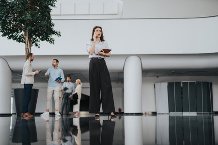 Professional woman on the phone in a modern office lobby while colleagues chat in the background.の写真素材