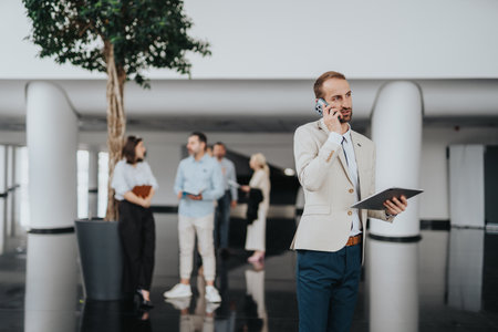Business professional on the phone in a modern lobby with team in backgroundの写真素材