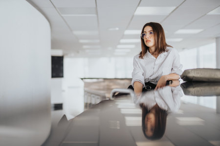 Professional woman in striped shirt leaning on a glossy desk in a bright modern officeの写真素材