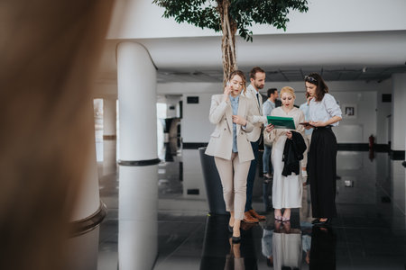 Group of colleagues and executives in a modern lobby reviewing documents and discussing plansの写真素材