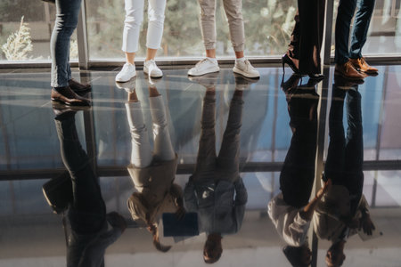 Group of people standing in a glass-walled hallway with reflections and varied footwearの写真素材