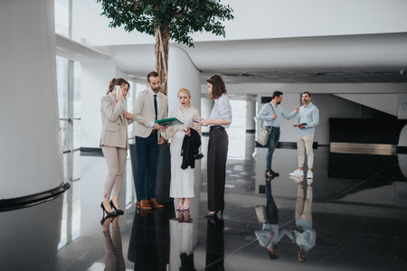 Group of colleagues and executives in a modern office lobby sharing documents and discussing plansの写真素材