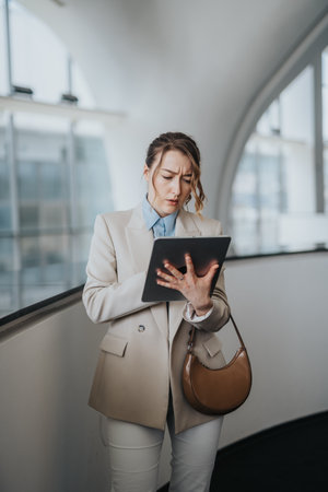 Confident businesswoman reviews a tablet in a modern corridor, ready for meeting and decision makingの写真素材