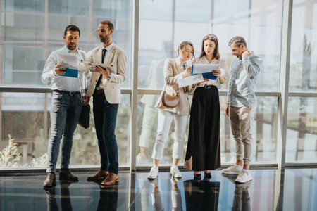 Group of professionals discussing documents in a modern office lobby, collaborating and planning together todayの写真素材