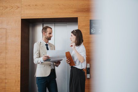 Executives discuss documents in a modern elevator lobby, planning ahead during a business meetingの写真素材