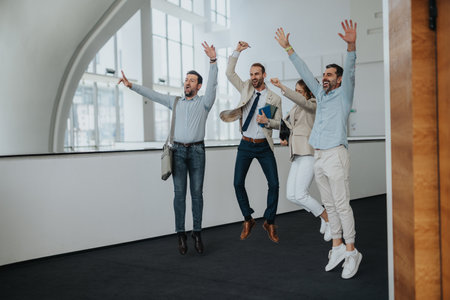 Happy colleagues celebrate success and teamwork in a modern, bright office settingの写真素材
