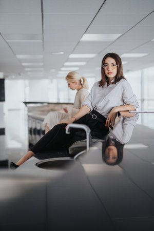 Confident woman with glasses sits by luggage in a modern office space with coworker nearbyの写真素材