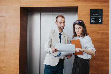 Two colleagues discuss documents in an elevator, planning a meeting and collaborating on workの写真素材