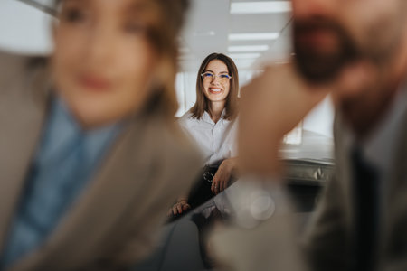 Smiling woman in glasses leads a friendly office meeting with colleagues and teammates in a modern workspaceの写真素材