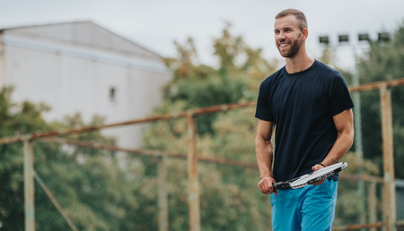 Confident man in athletic wear holding tennis racket on an outdoor court, smiling.の写真素材