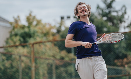 Happy man plays tennis on an outdoor court, smiling and enjoying a casual sports moment.の写真素材