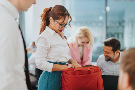 Woman at the office packing a red bag while colleagues chat and work nearbyの写真素材