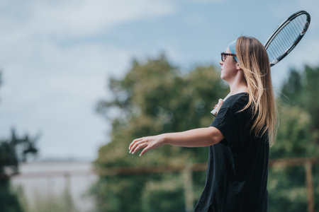 Tennis player outdoors with racket and sunglasses, enjoying outdoor sport and summer vibesの写真素材