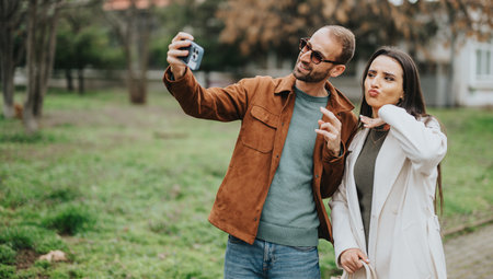 Couple enjoys a playful selfie outdoors in a relaxed park setting