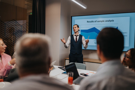Business presenter in a modern conference room delivers a data analysis briefing to colleagues with a large screen showing resultsの写真素材
