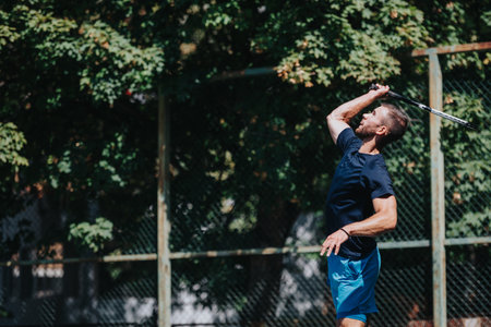 Athletic man swinging a bat during outdoor training session in a fenced sports areaの写真素材