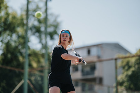 Female tennis player in black outfit hitting a forehand shot on an outdoor court todayの写真素材