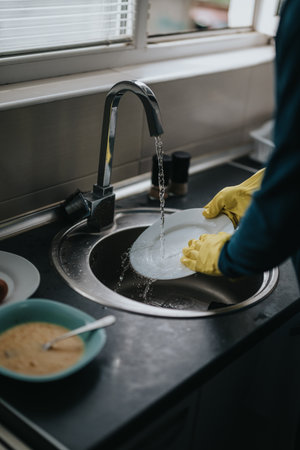 Close-up of hands washing dishes in kitchen sink under running waterの写真素材