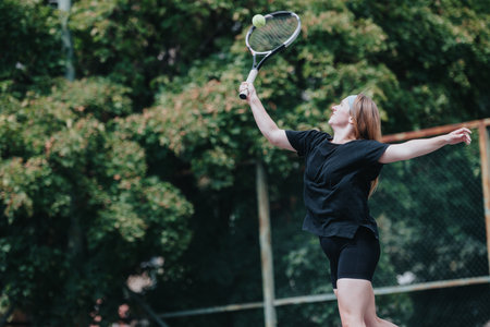 Athletic woman serves a tennis ball on an outdoor court during a training session todayの写真素材