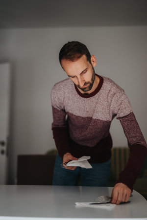 Man setting a table with cutlery and napkins in a minimalistic roomの写真素材