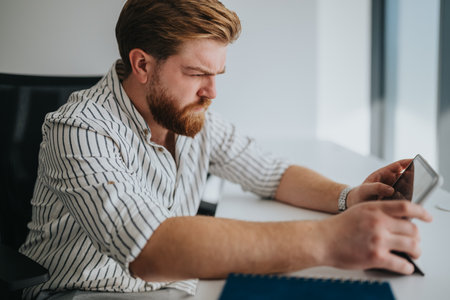 Focused man at a desk checking smartphone during a workday in a striped shirtの写真素材