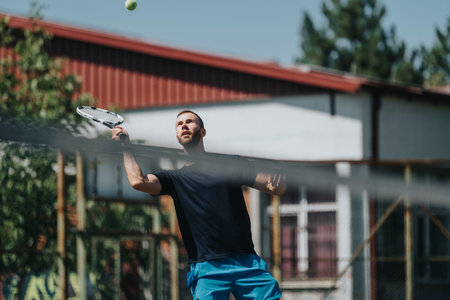 Athletic man serves a tennis ball on an outdoor court during a sunny day with focused actionの写真素材