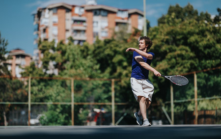 Athletic man hits forehand on outdoor tennis court with focus and energy in a sunny urban settingの写真素材