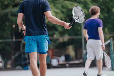 Two people on a tennis court warming up and chatting after a practice sessionの写真素材