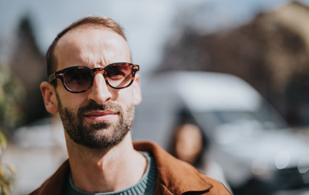 Confident man wearing sunglasses outdoors on a sunny dayの写真素材