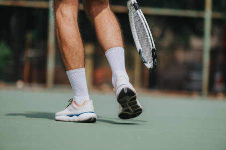 Close-up of a tennis players legs on the court with a racket, white socks, and sneakers.の写真素材