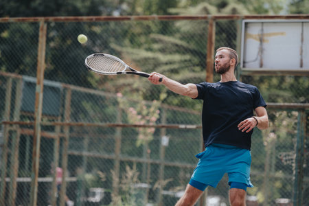 Man plays tennis on outdoor court hitting the ball with a racket during a training sessionの写真素材