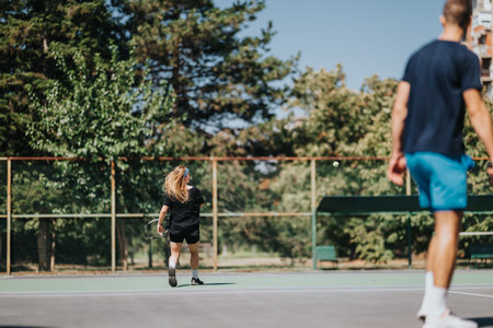 Girl walks away on an outdoor tennis court with a man in the foreground on a sunny dayの写真素材