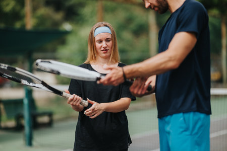 Young woman receives tennis coaching on a sunny outdoor court from a male coach todayの写真素材