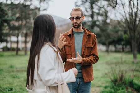 Two people discussing in a park on a calm outdoor dayの写真素材