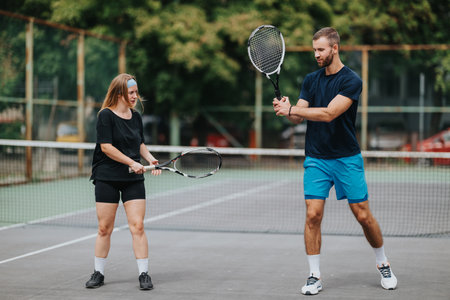 Two adults practice tennis on an outdoor court, exchanging coaching and friendly guidance